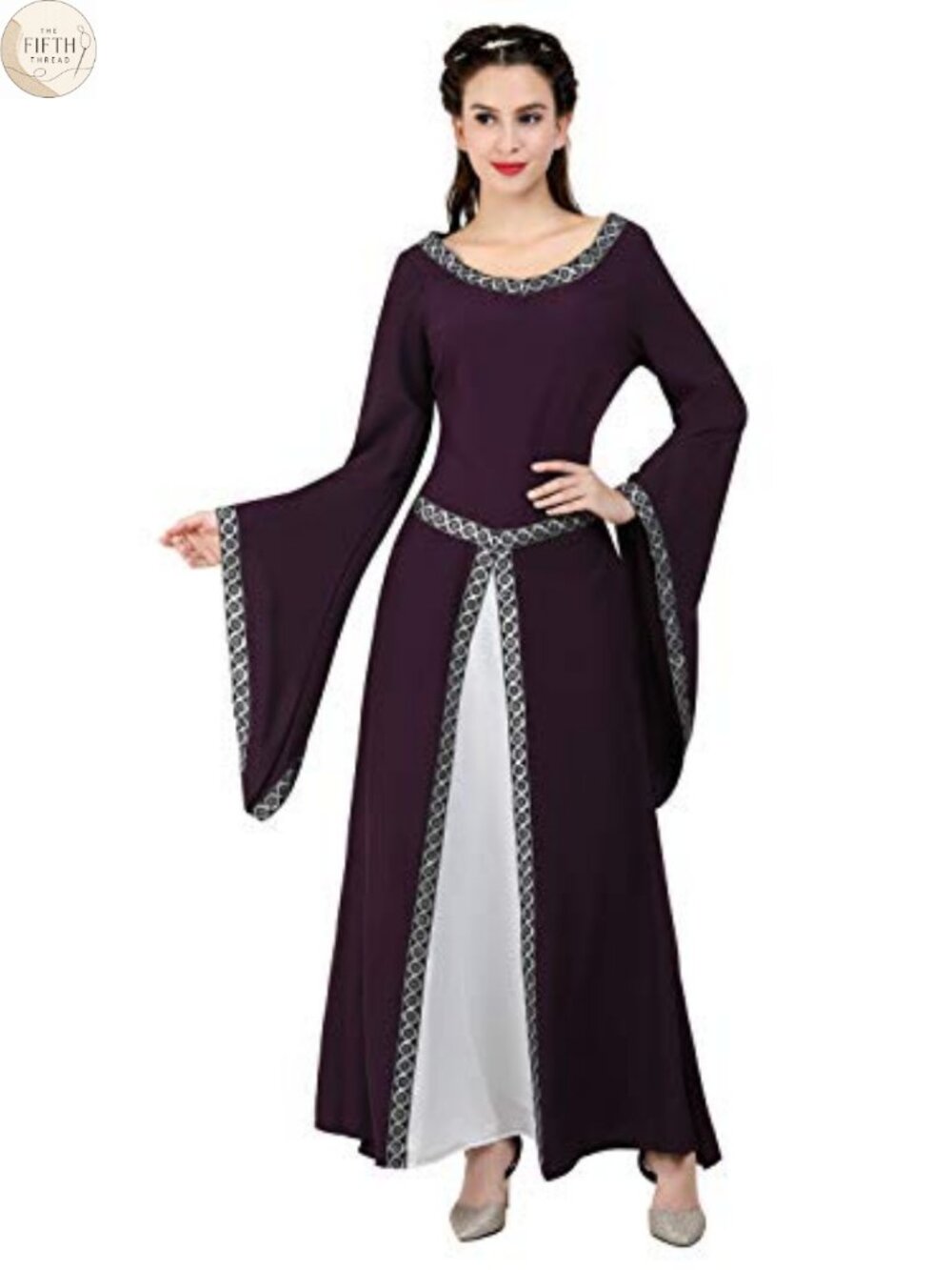 Women's Renaissance Medieval Long Sleeve Lace Trim Costume Dress